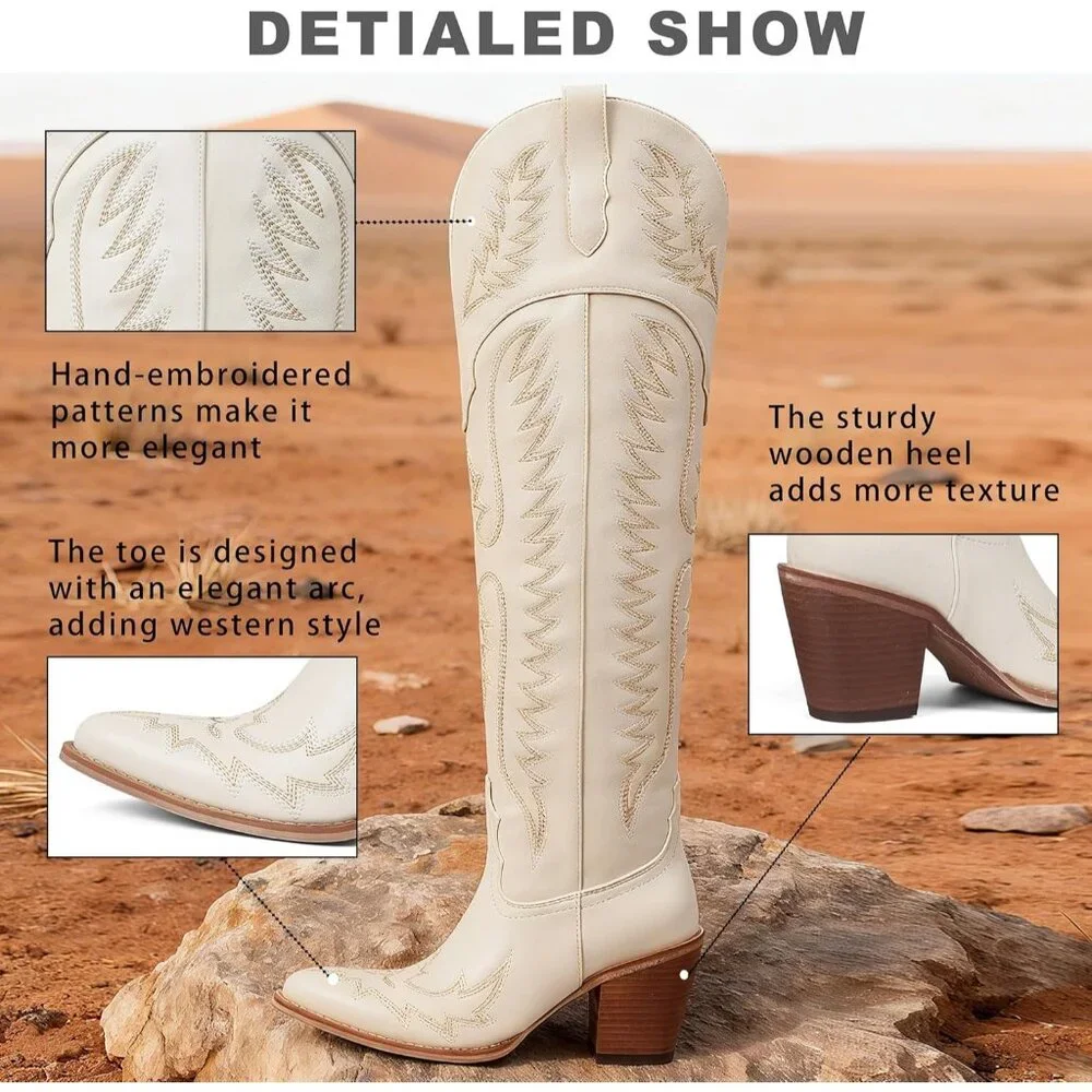 Women Over The Knee Western Boots Classic Embroidered Chunky Heel Slip On Beige - Picture 4 of 6